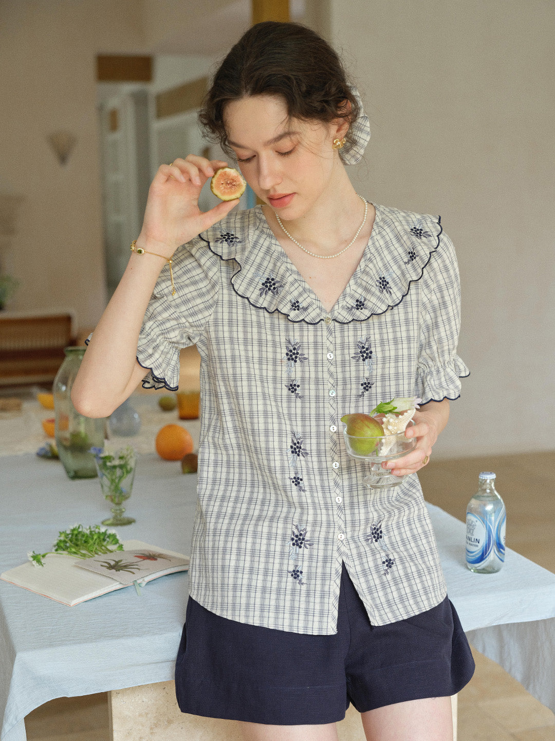Kaia V-Neck Embroidered Plaid 100%Cotton Blouse