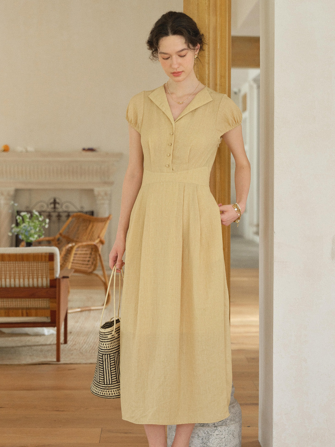 Bridgette Retro V-Neck Puff Sleeves Dress