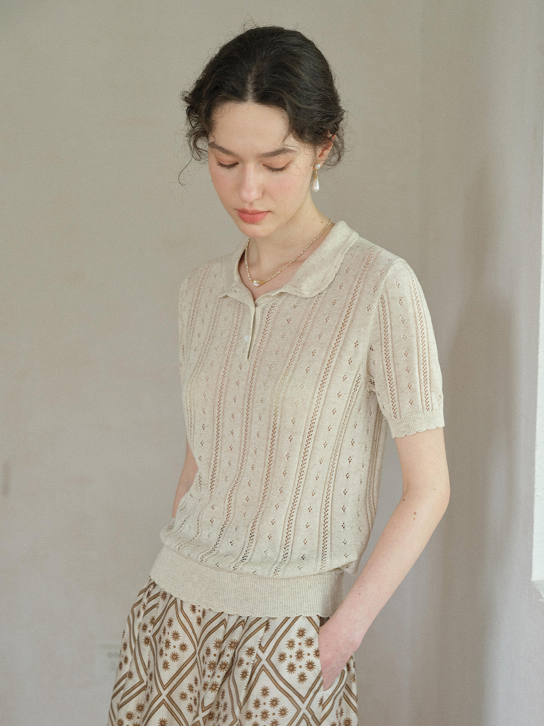 Camila Polo Collar Retro Texture Linen Knit Top