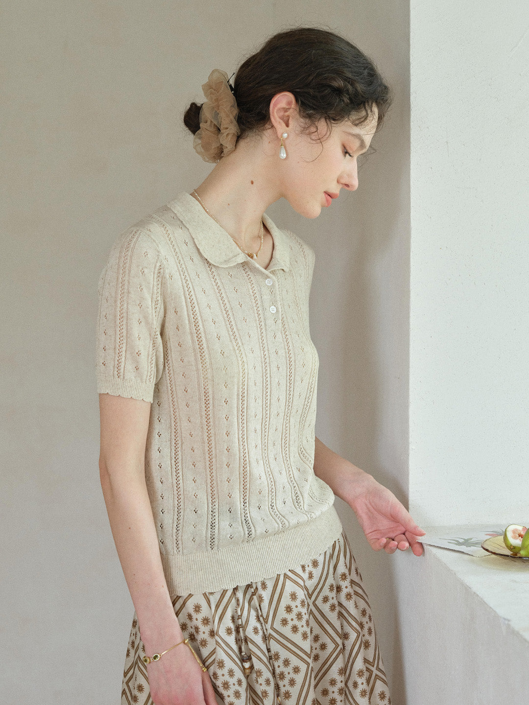 Camila Polo Collar Retro Texture Linen Knit Top