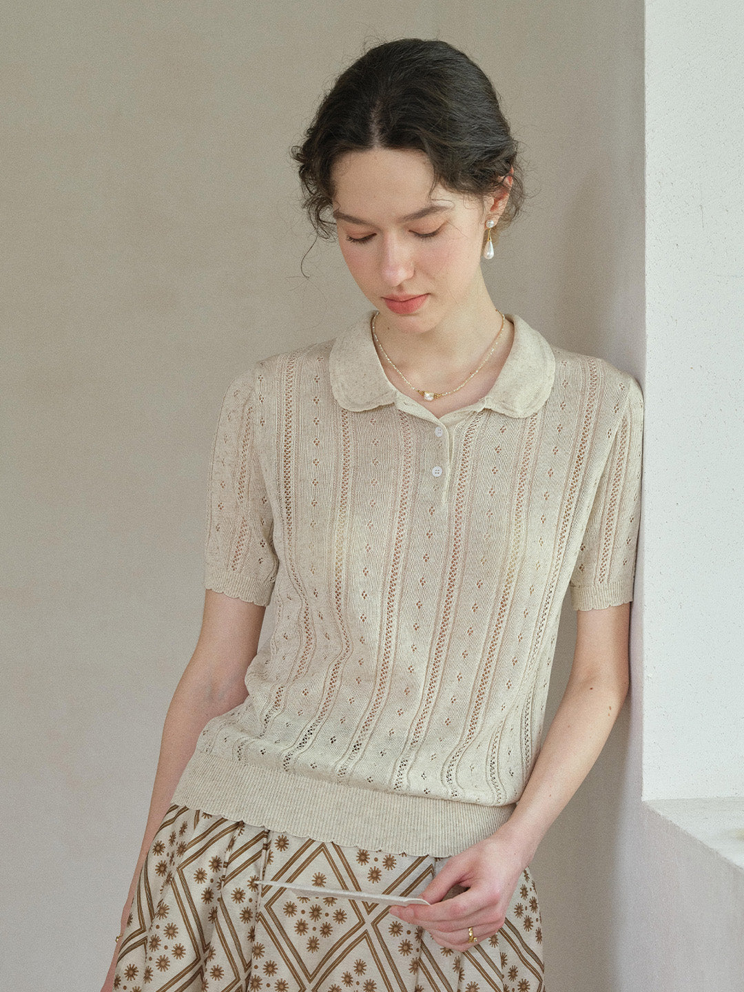 Camila Polo Collar Retro Texture Linen Knit Top