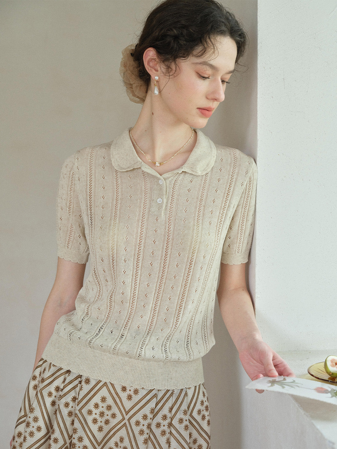 Camila Polo Collar Retro Texture Linen Knit Top