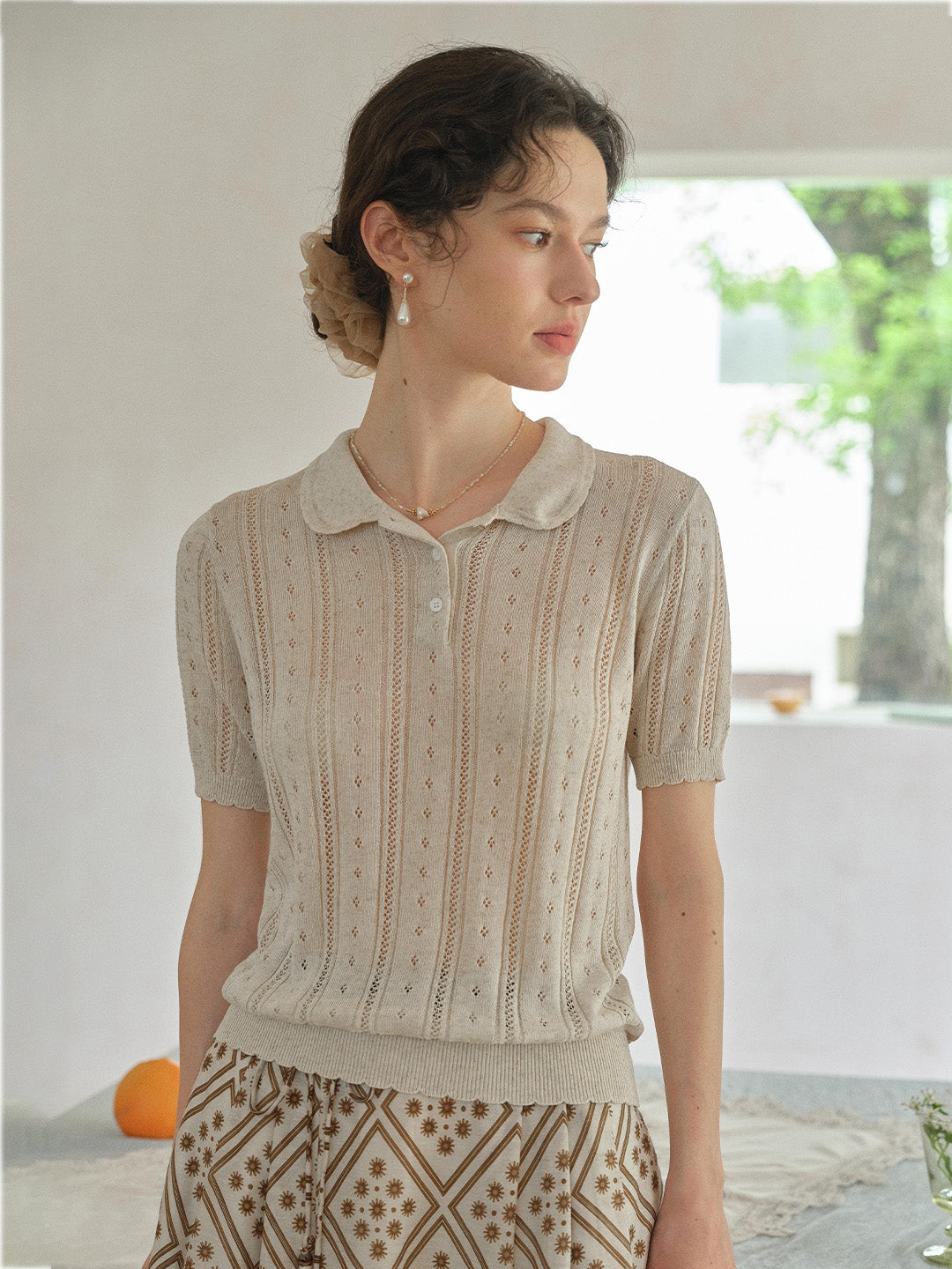 Camila Polo Collar Retro Texture Linen Knit Top