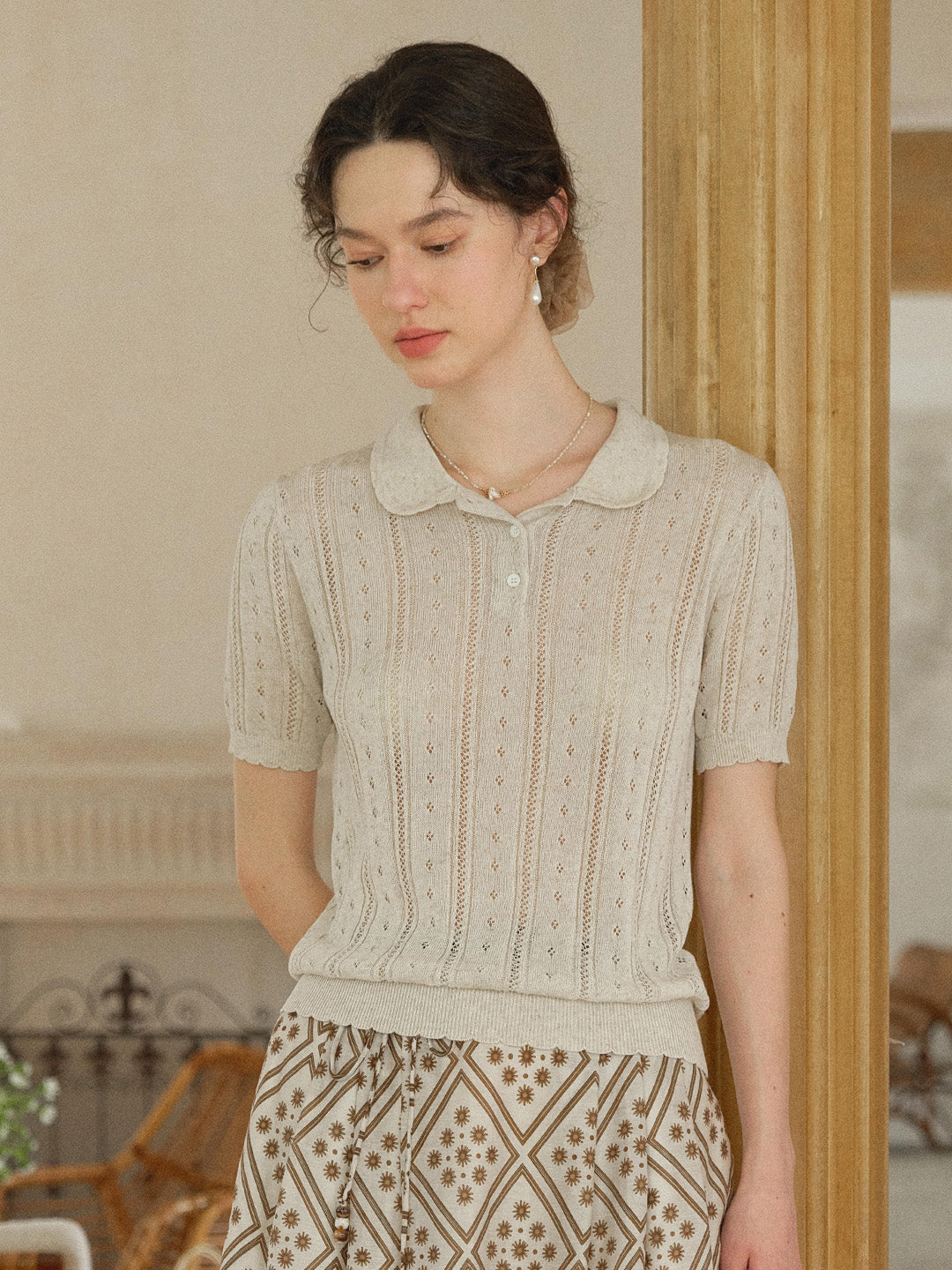 Camila Polo Collar Retro Texture Linen Knit Top