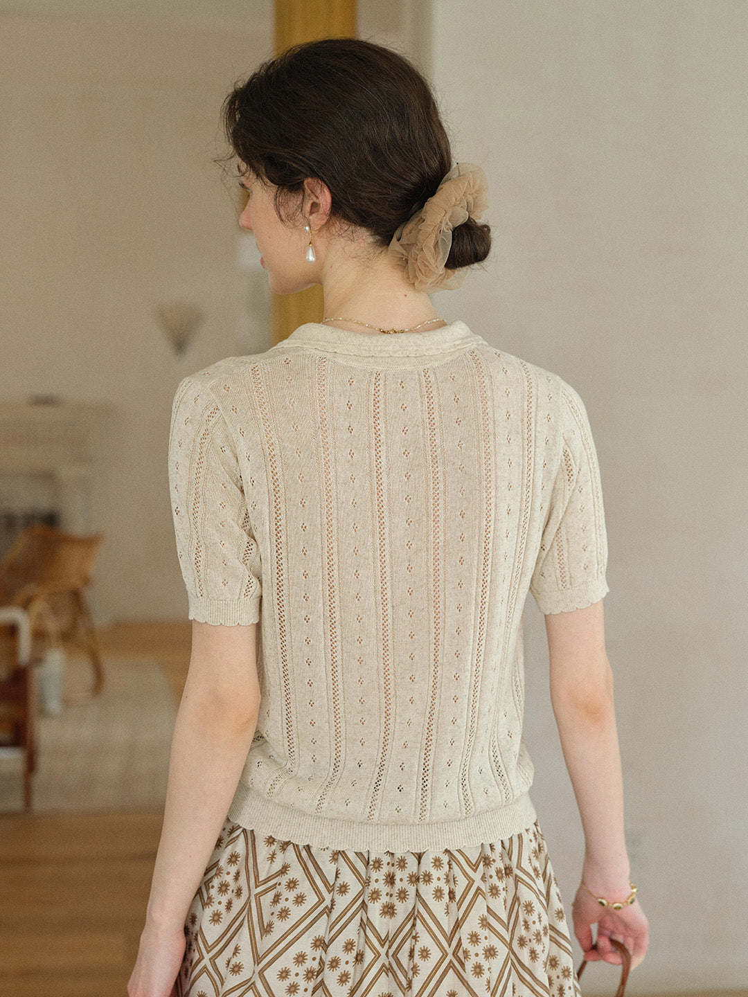 Camila Polo Collar Retro Texture Linen Knit Top