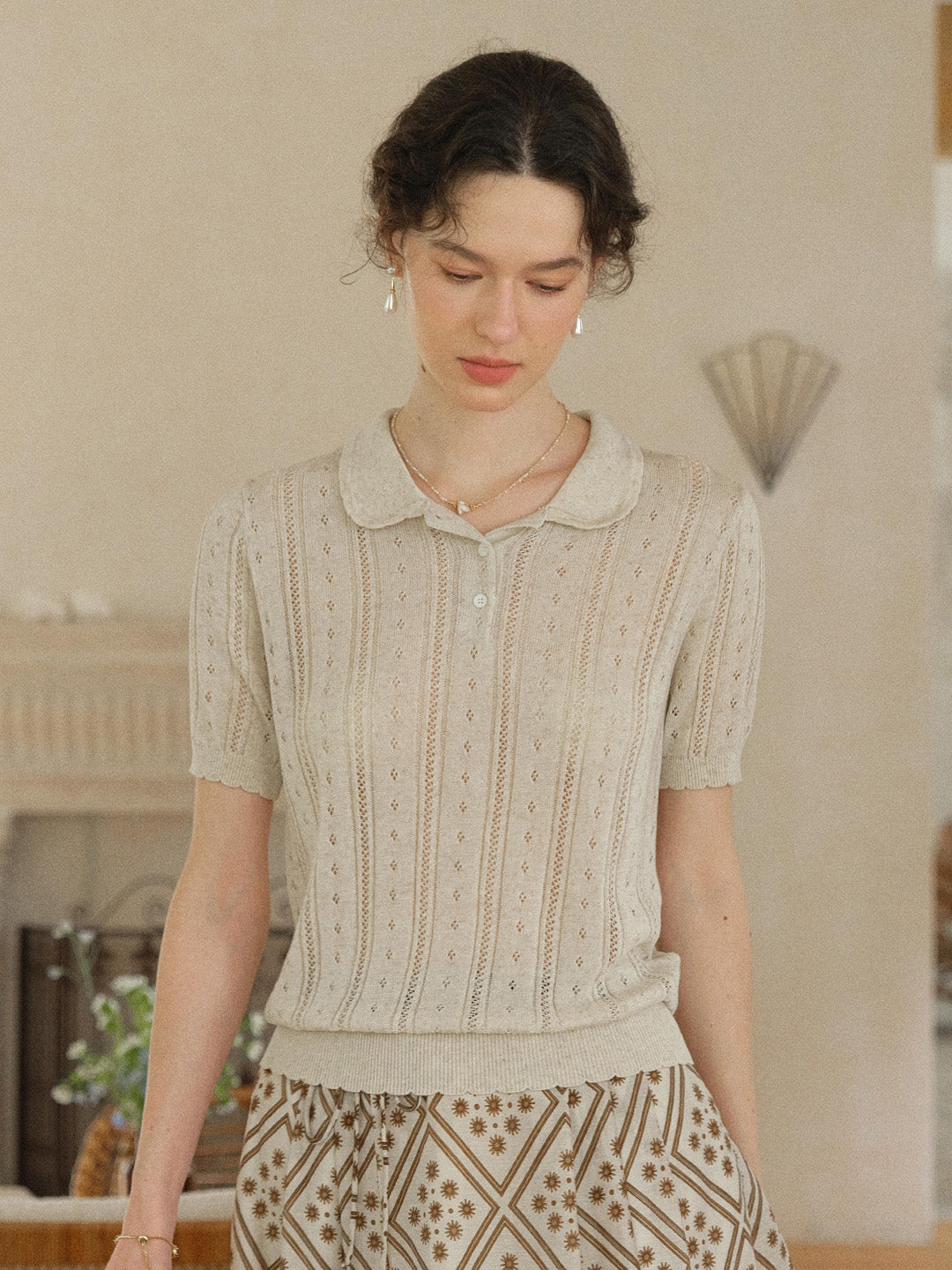 Camila Polo Collar Retro Texture Linen Knit Top
