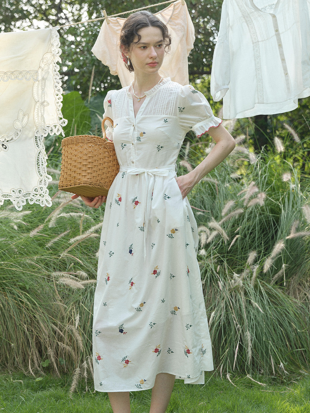 Aitana Rose Embroidered V-neck Puff Sleeve Lace Cotton Dress