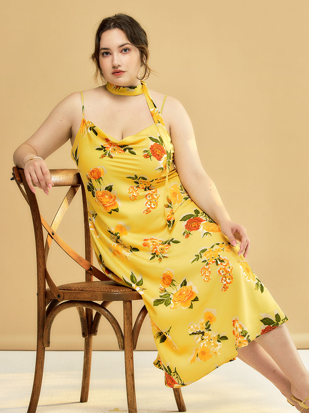 plus size yellow chiffon dress Elena Chiffon Yellow Midi Floral Dress
