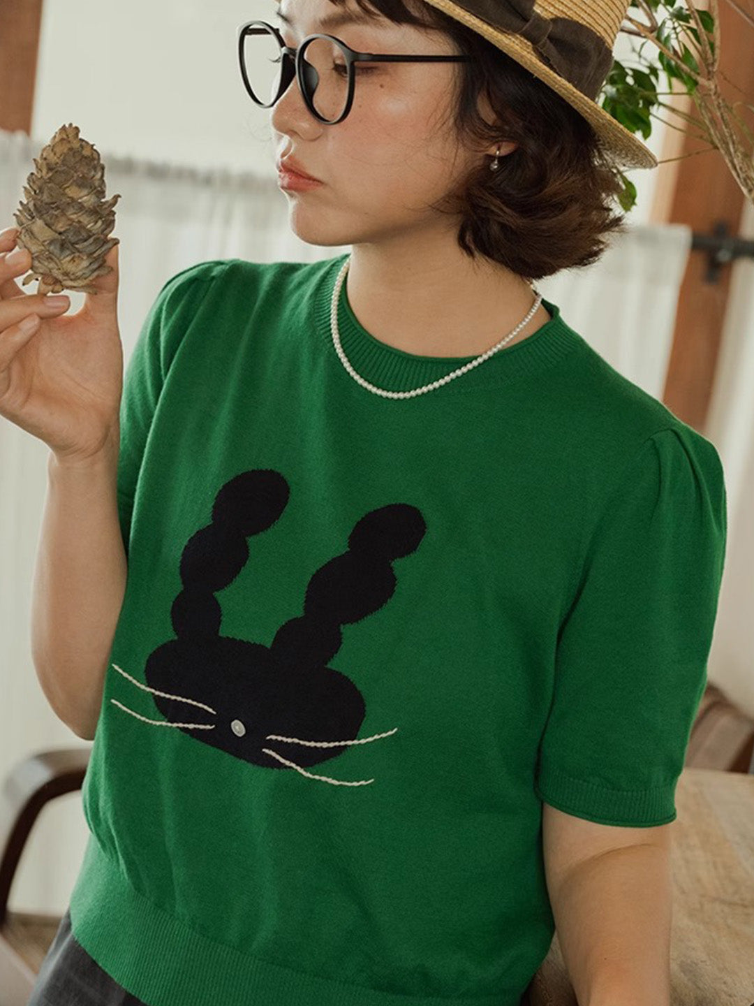 Chowxiaodou Puff-Sleeve Knit Linen T-Shirt