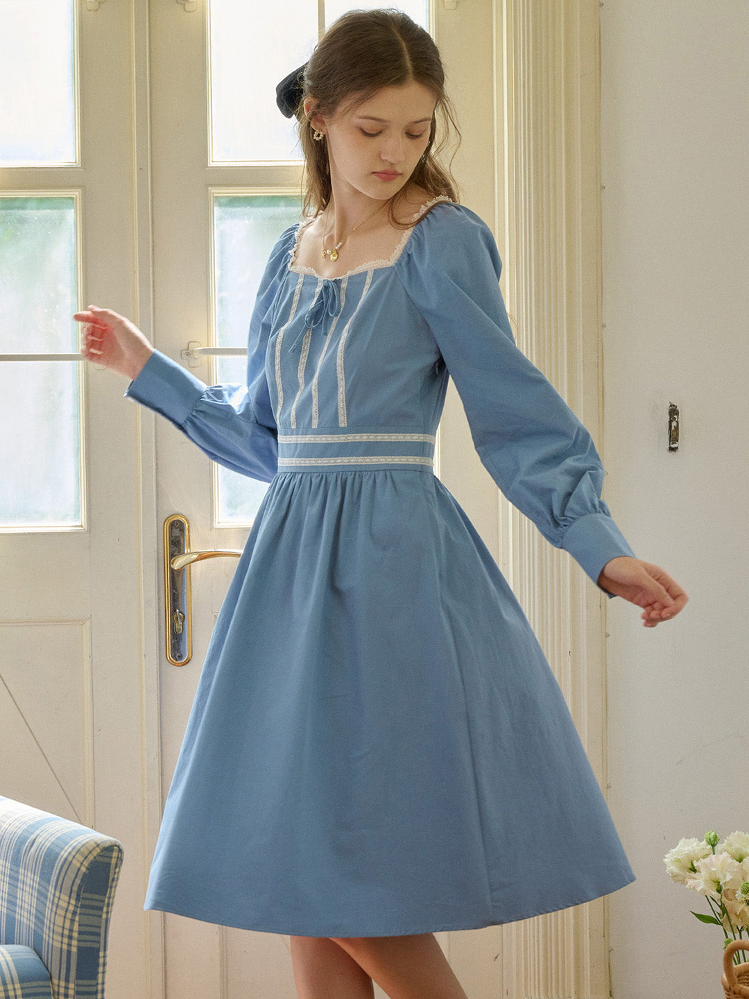 white christmas dresses 【Final Sale】Jazmine Square Collar Trimmed Lace-Up Bow Long Sleeve Cotton Dress, Blue / L