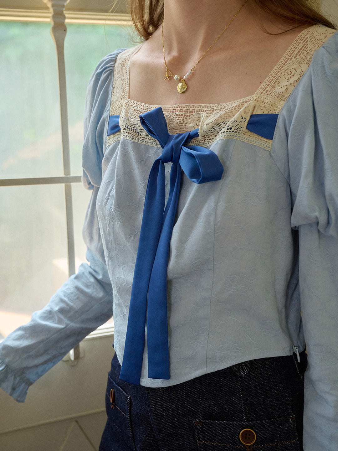 【Final Sale】Aaliyah Square Collar Bow Light Blue Blouse