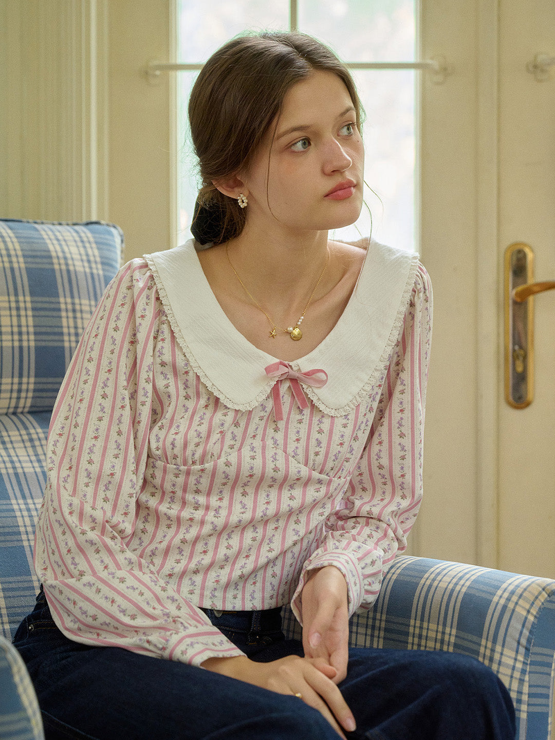 【Final Sale】Nori Cute Doll Collar Floral Bow Stripe Blouse