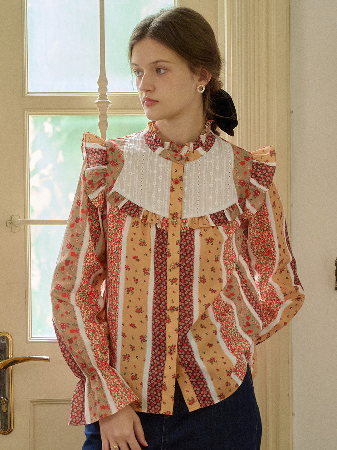 【Final Sale】Wren Stand Collar Floral Patchwork Shirt