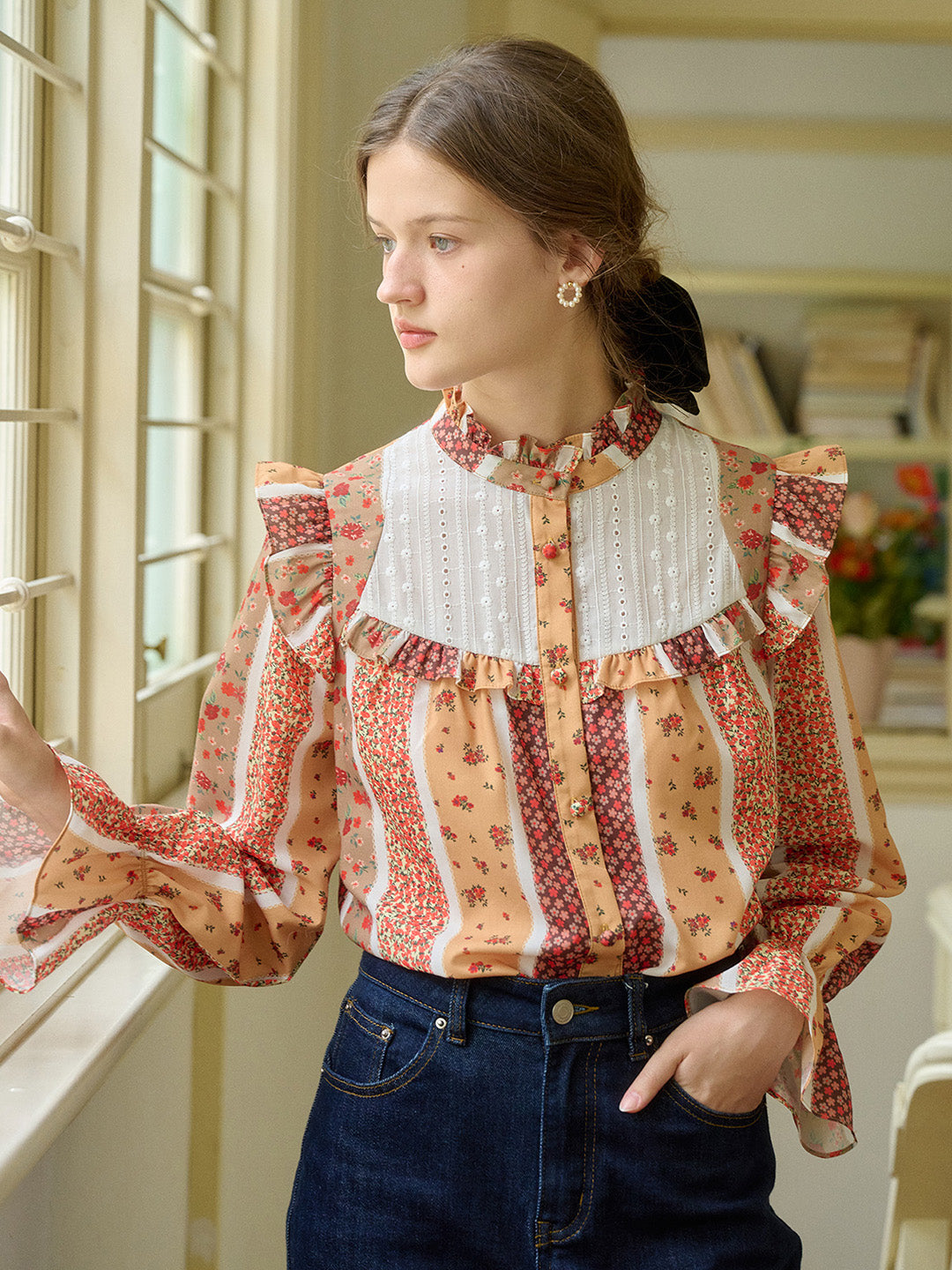 【Final Sale】Wren Stand Collar Floral Patchwork Shirt