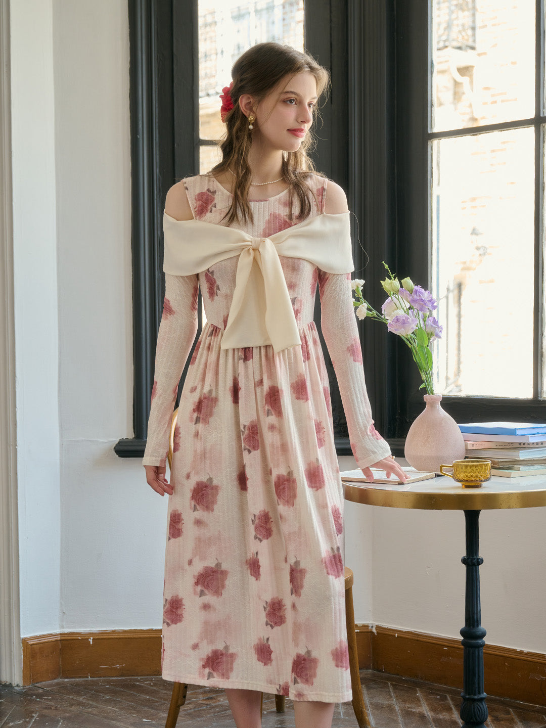 Final Sale】Clare Off-The-Shoulder Bow Print Contrast Color Dress