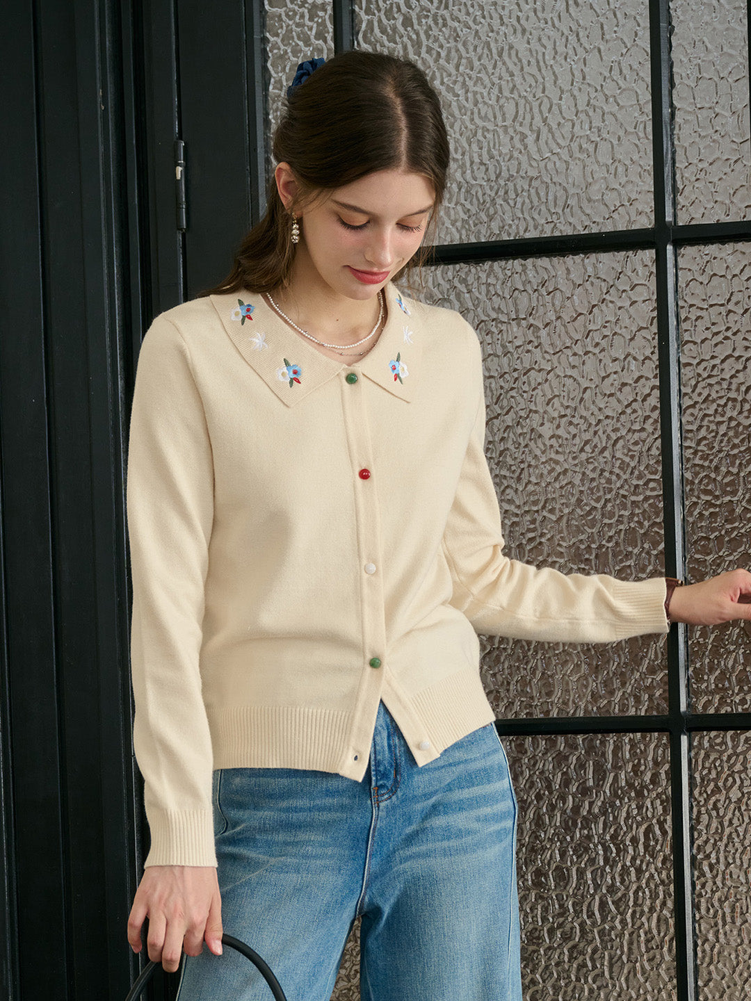 【Final Sale】Rave Embroidered Color-Blocked Notch Collar Cardigan