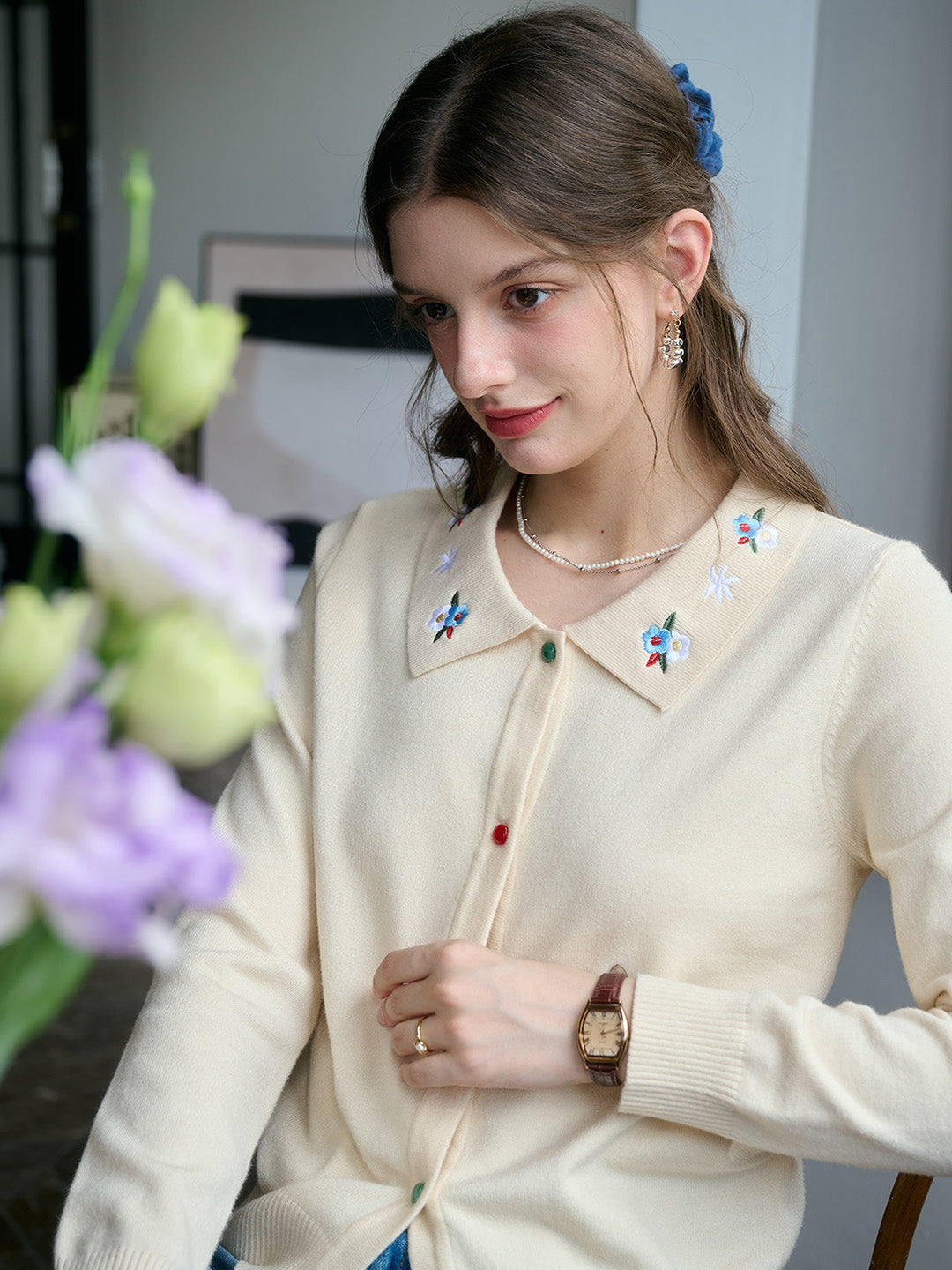 【Final Sale】Rave Embroidered Color-Blocked Notch Collar Cardigan