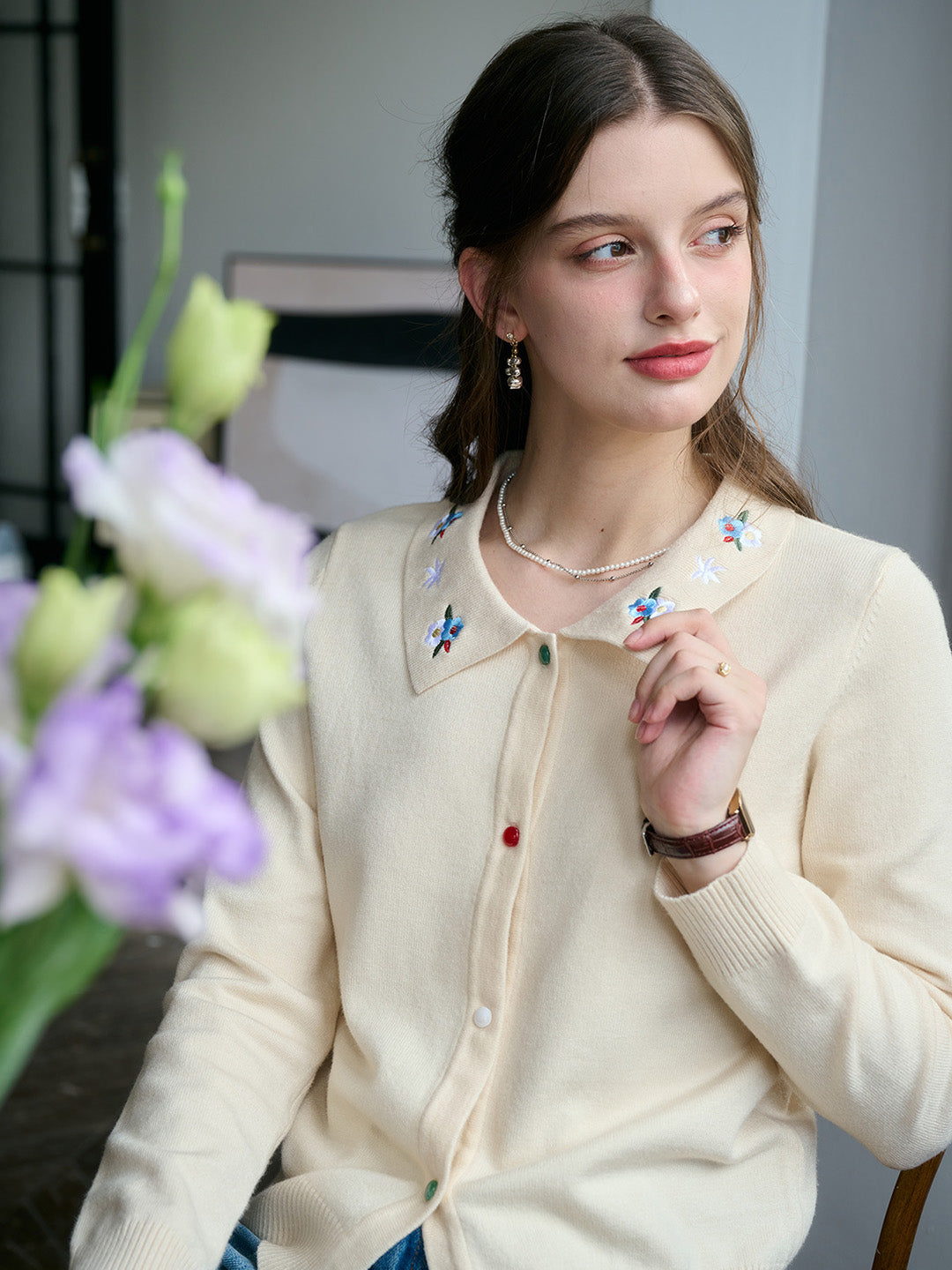 【Final Sale】Rave Embroidered Color-Blocked Notch Collar Cardigan