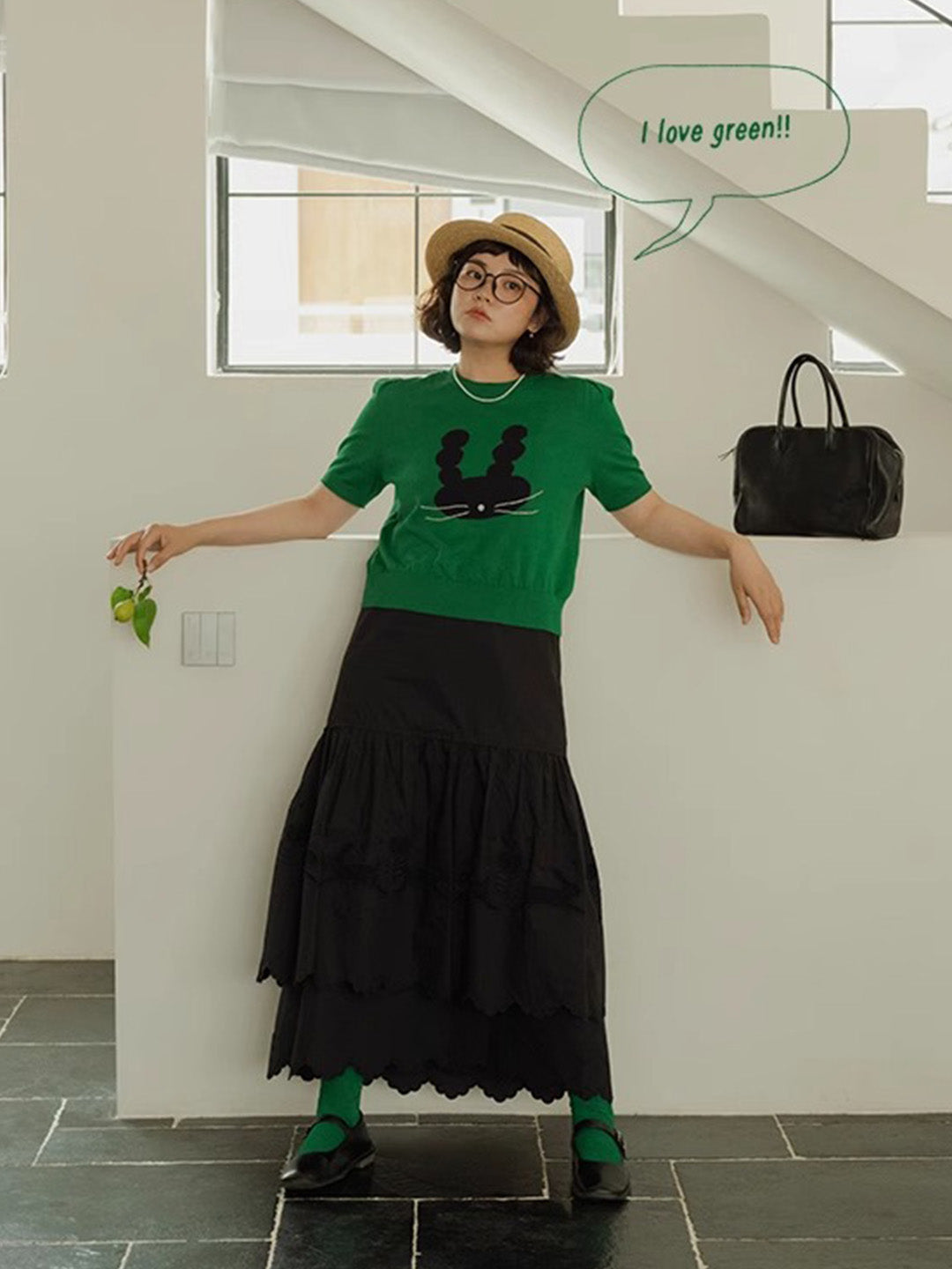 Chowxiaodou Puff-Sleeve Knit Linen T-Shirt