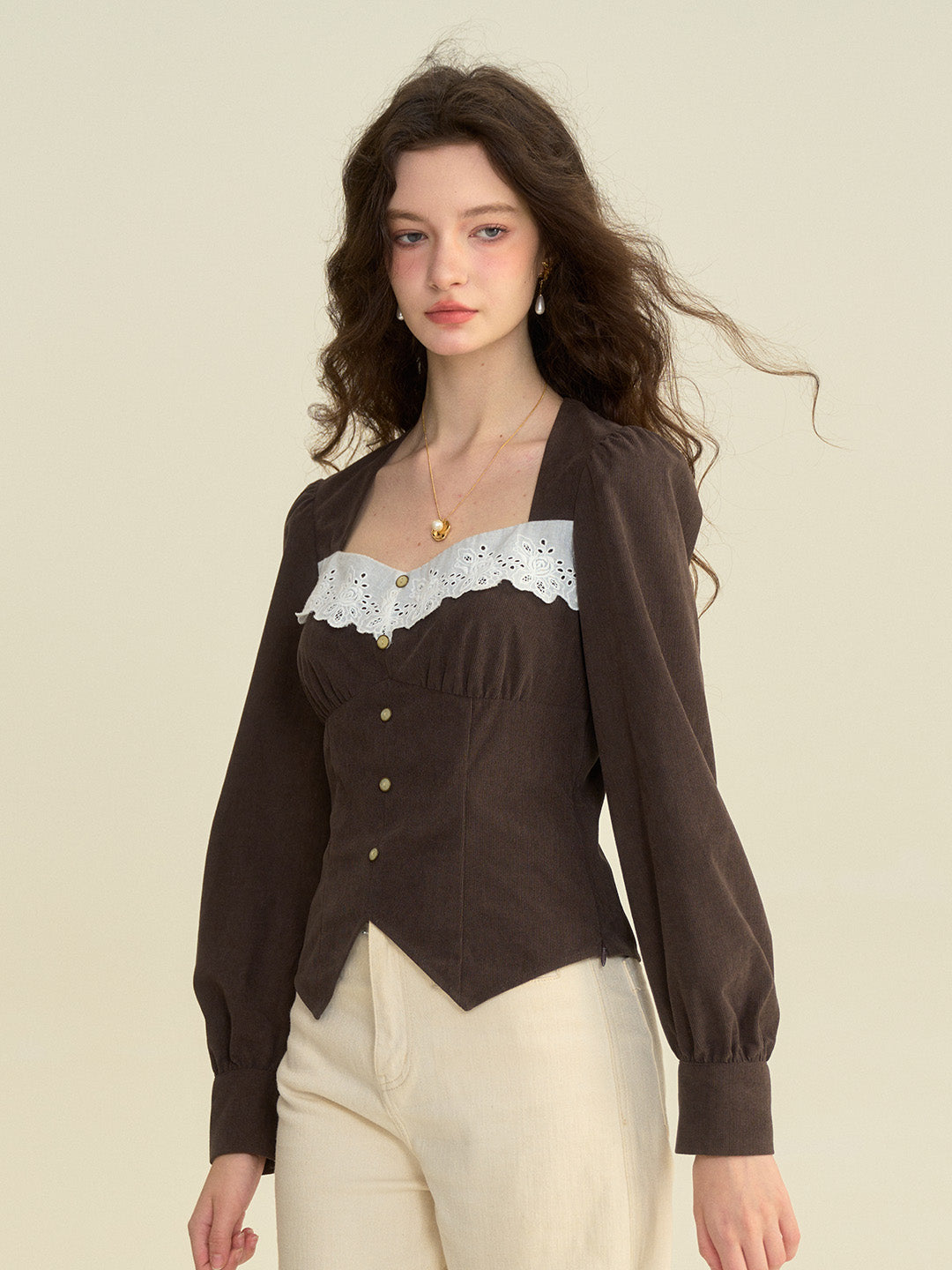 【Final Sale】Zainab French Style Contrasting Lace Lapel Long Sleeve Blouse