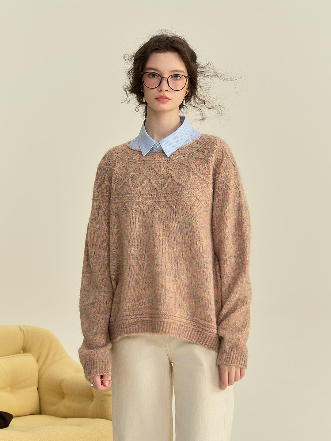 Arely Classic Round Neck Knitted Wool Sweater - Pink