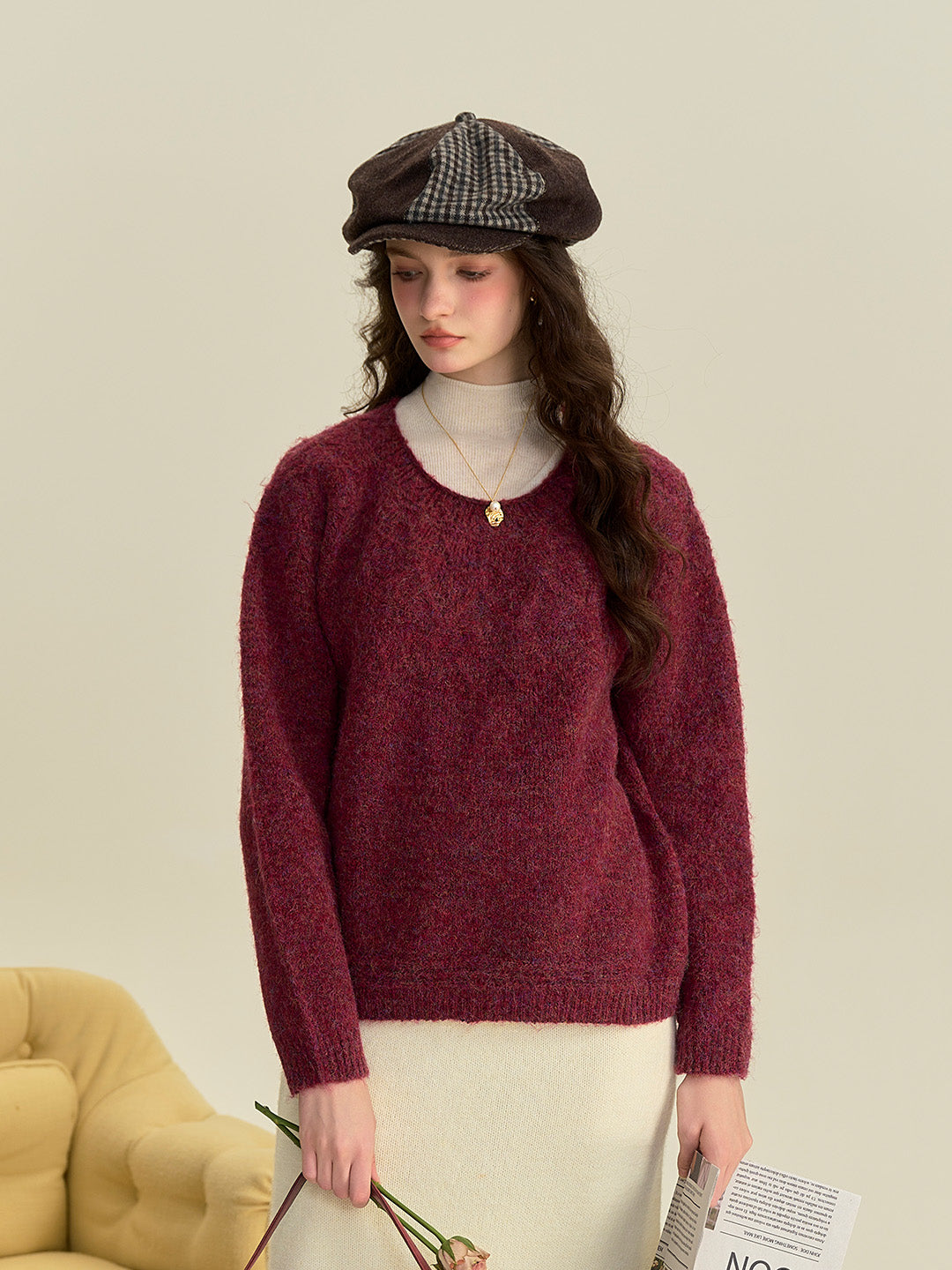 Arely Classic Round Neck Knitted Wool Sweater - Pink
