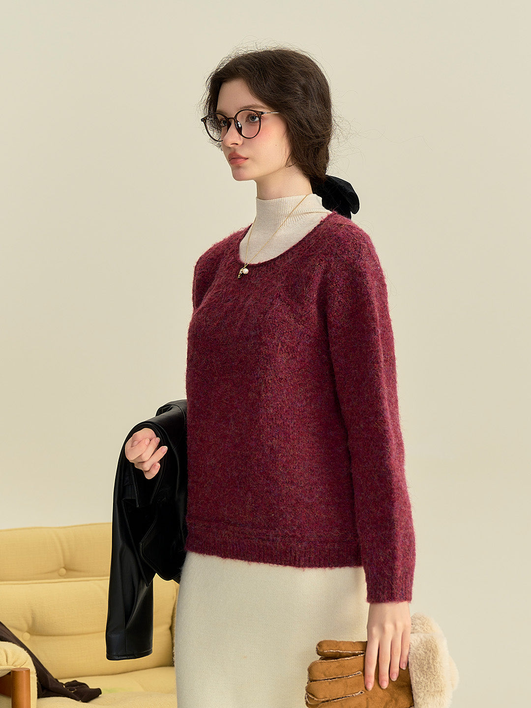 Arely Classic Round Neck Knitted Wool Sweater - Pink
