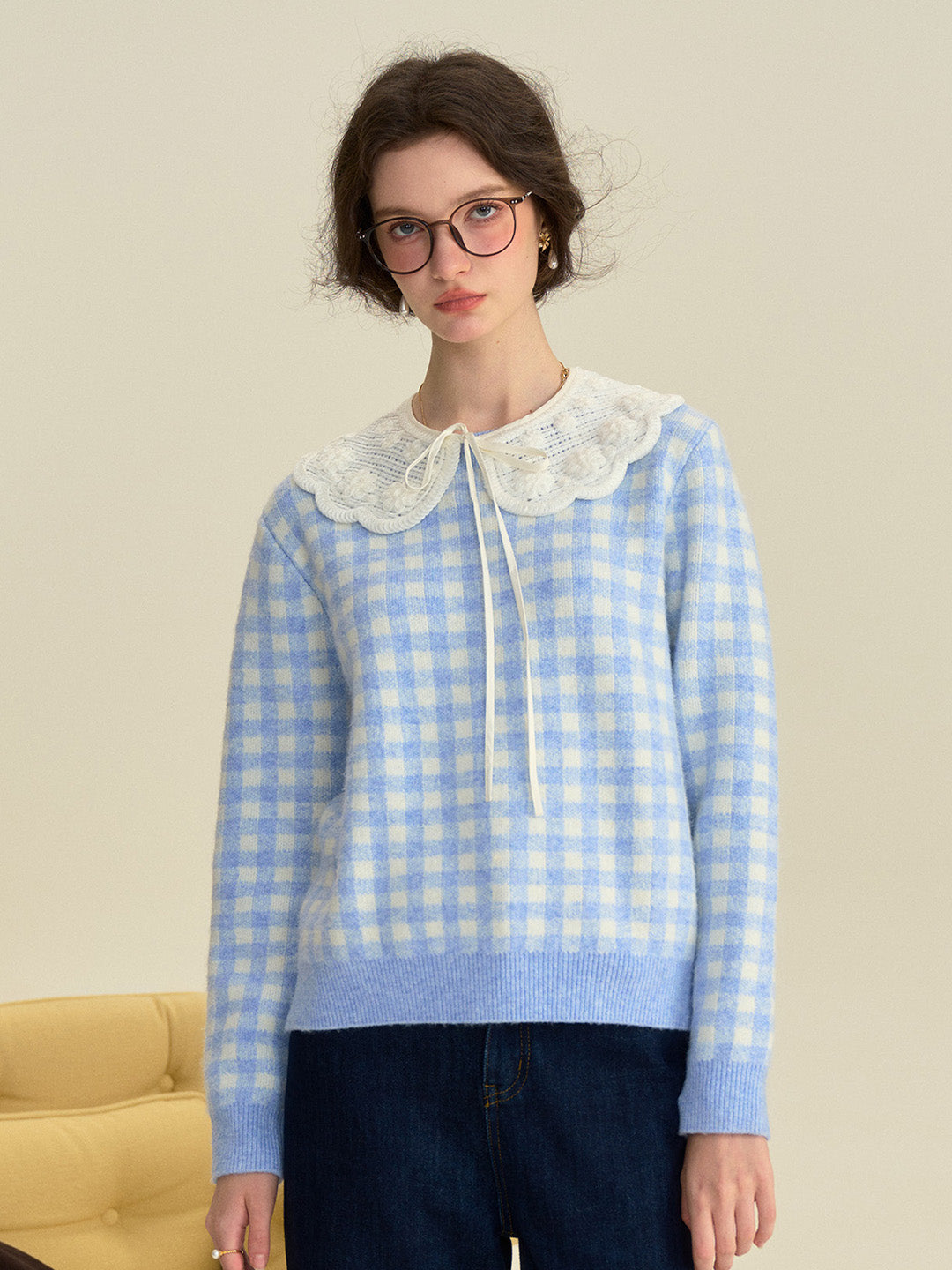【Final Sale】Brielle Doll Collar Plaid Wool Sweater