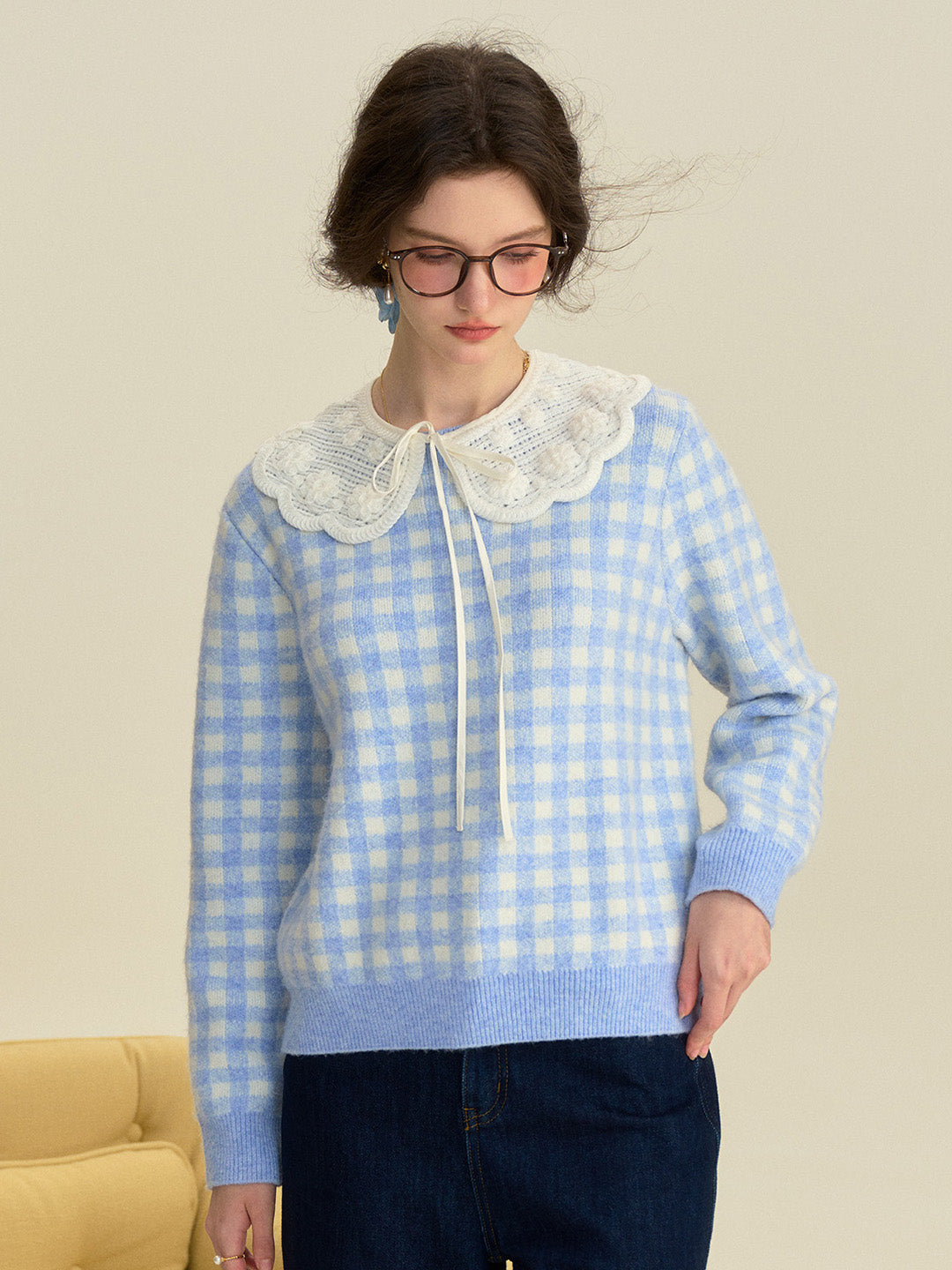 【Final Sale】Brielle Doll Collar Plaid Wool Sweater