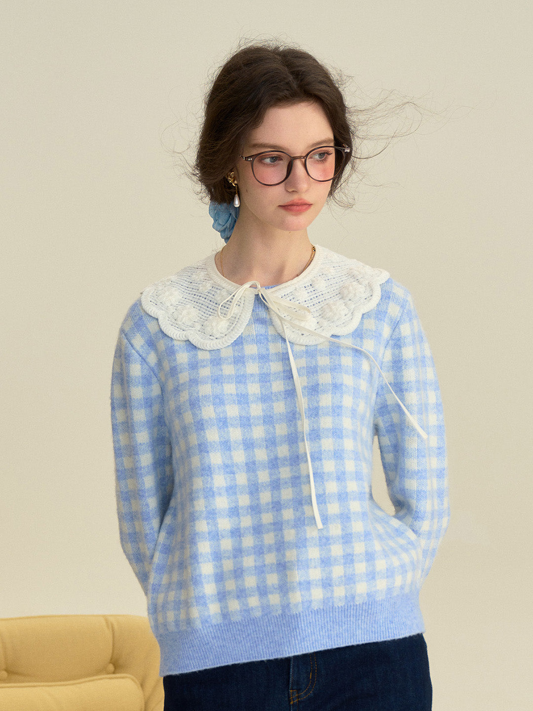 【Final Sale】Brielle Doll Collar Plaid Wool Sweater