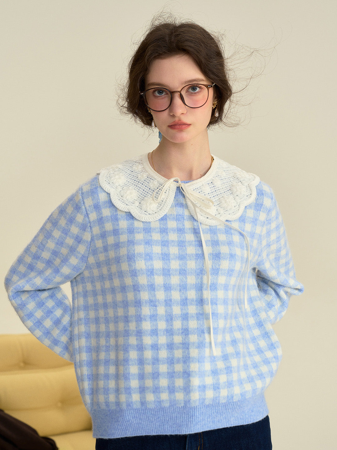 【Final Sale】Brielle Doll Collar Plaid Wool Sweater