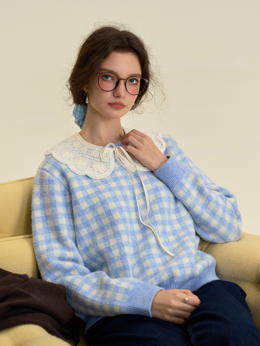 【Final Sale】Brielle Doll Collar Plaid Wool Sweater