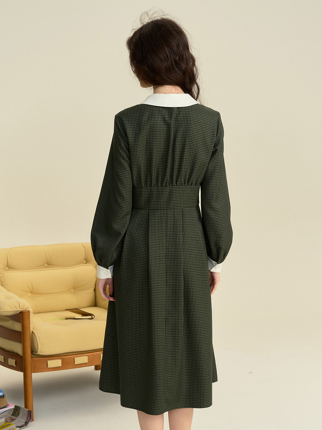 【Final Sale】Leanna Round Neck Plaid Tie Bow Collision Green Dress
