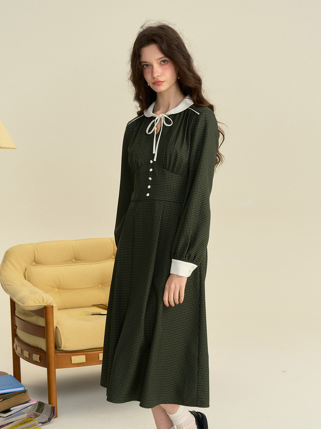 【Final Sale】Leanna Round Neck Plaid Tie Bow Collision Green Dress