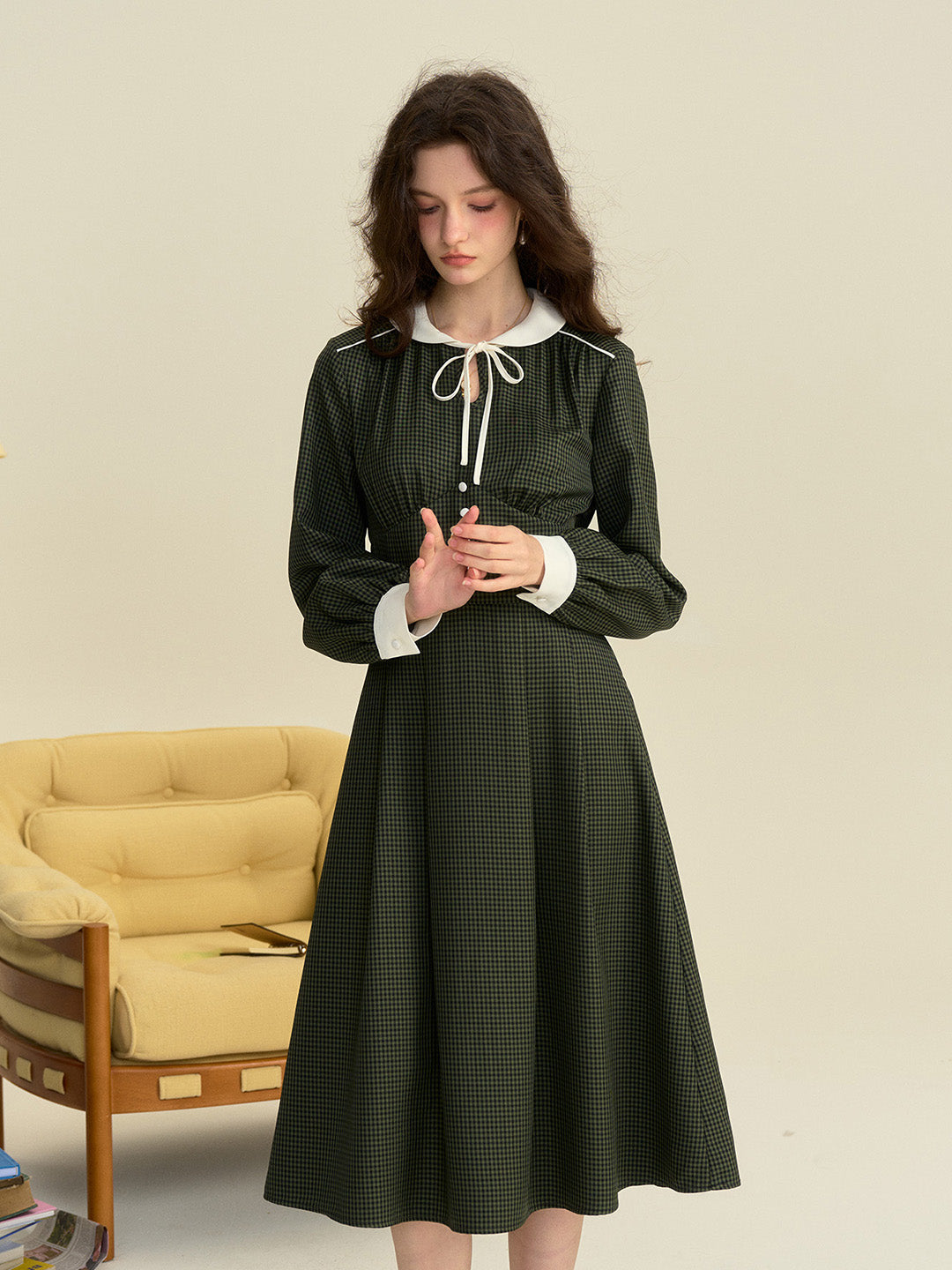 【Final Sale】Leanna Round Neck Plaid Tie Bow Collision Green Dress