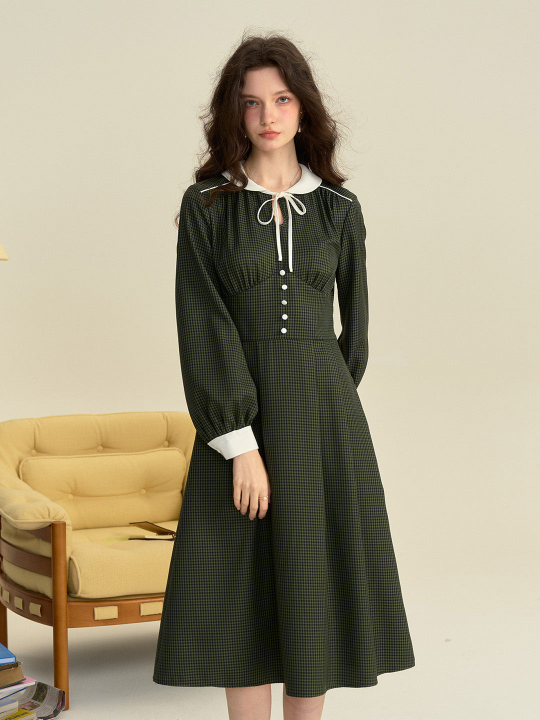 【Final Sale】Leanna Round Neck Plaid Tie Bow Collision Green Dress