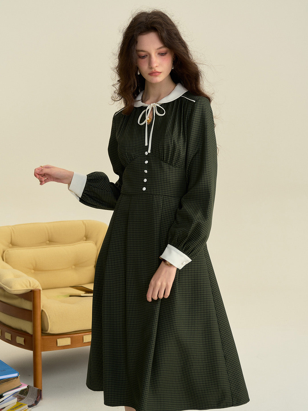 【Final Sale】Leanna Round Neck Plaid Tie Bow Collision Green Dress
