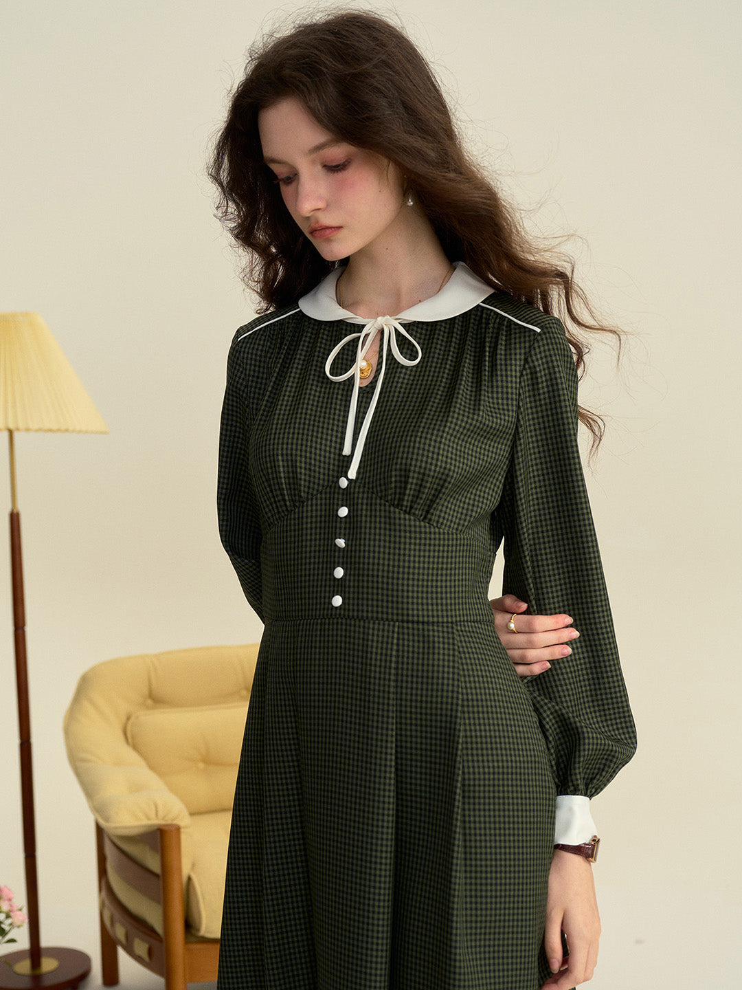 【Final Sale】Leanna Round Neck Plaid Tie Bow Collision Green Dress