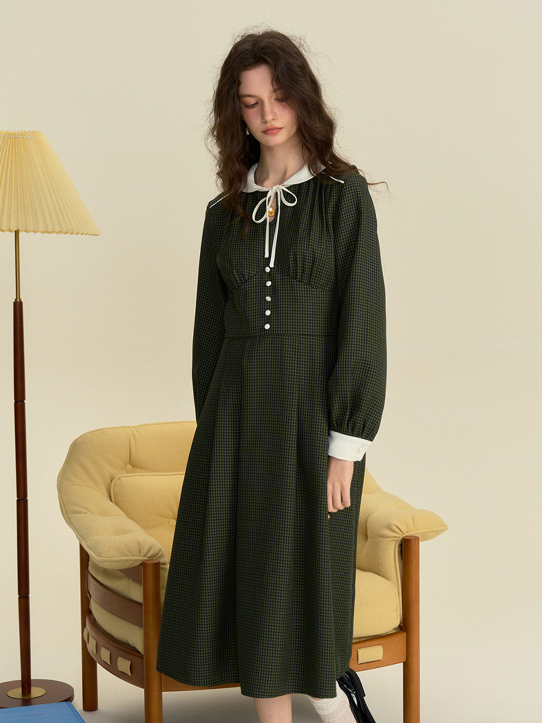 【Final Sale】Leanna Round Neck Plaid Tie Bow Collision Green Dress