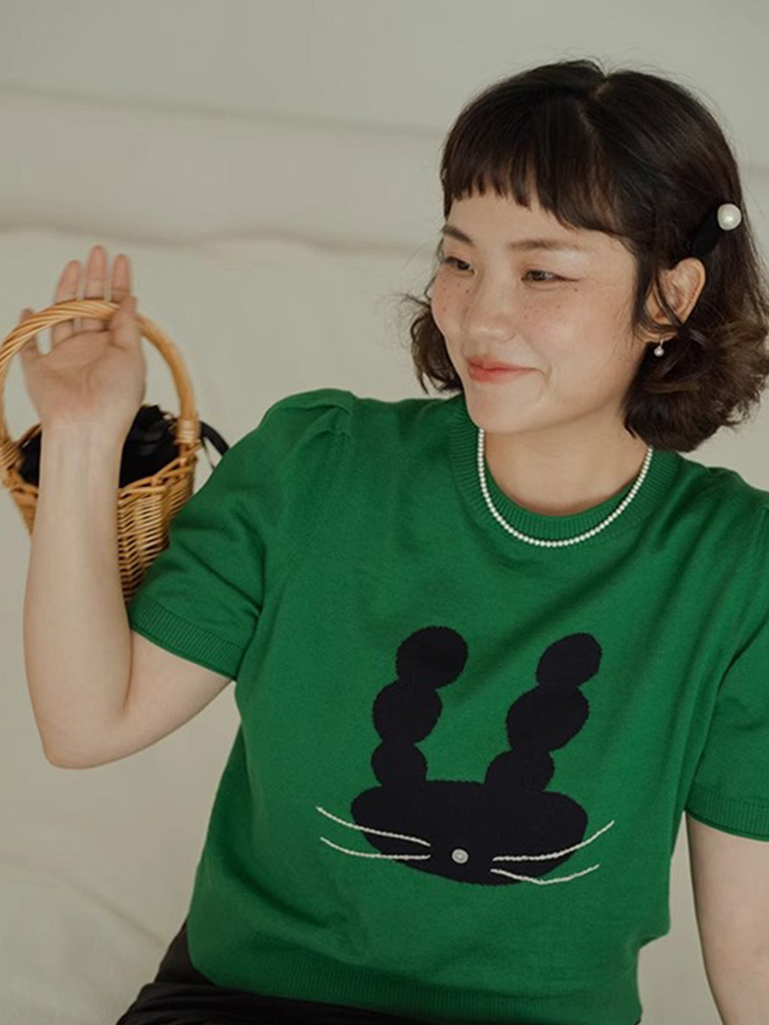 Chowxiaodou Puff-Sleeve Knit Linen T-Shirt