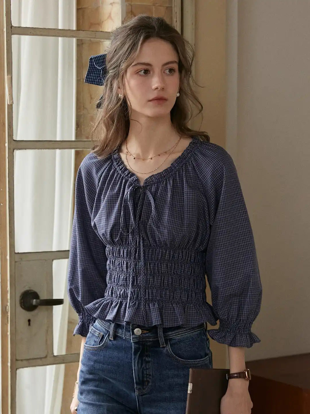 Nyra Round Neck Plaid 100% Cotton Blouse