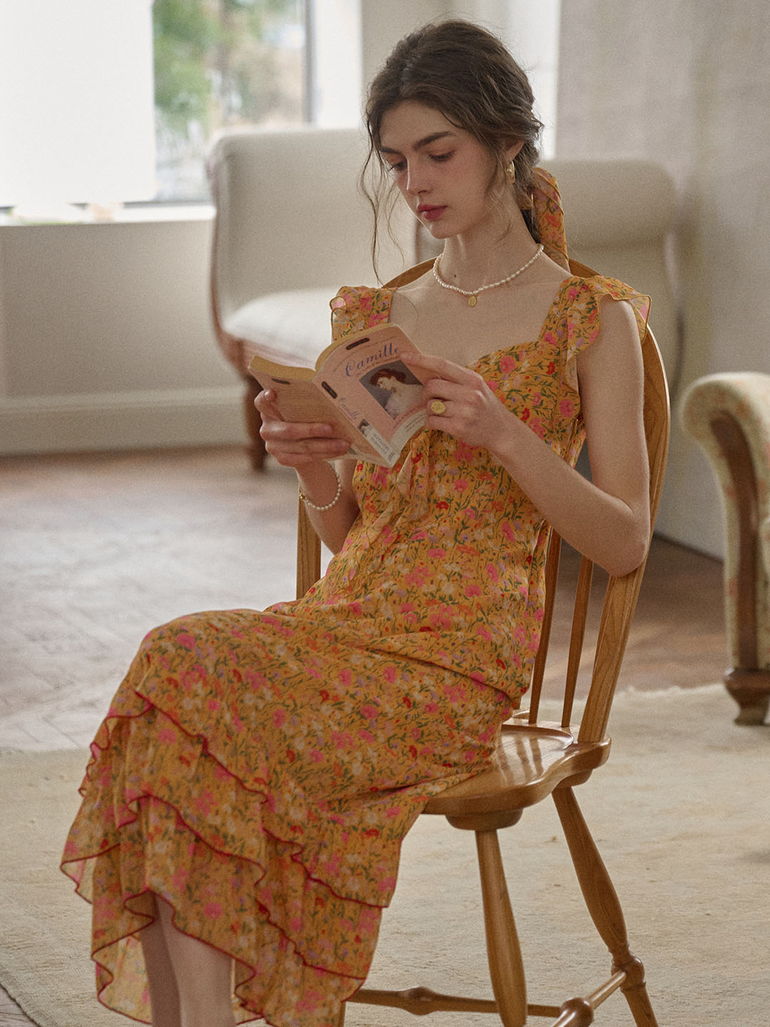 【Final Sale】Selena Floral Printed Square Collar 3d Flower Ruffled Hem Dress-Orange