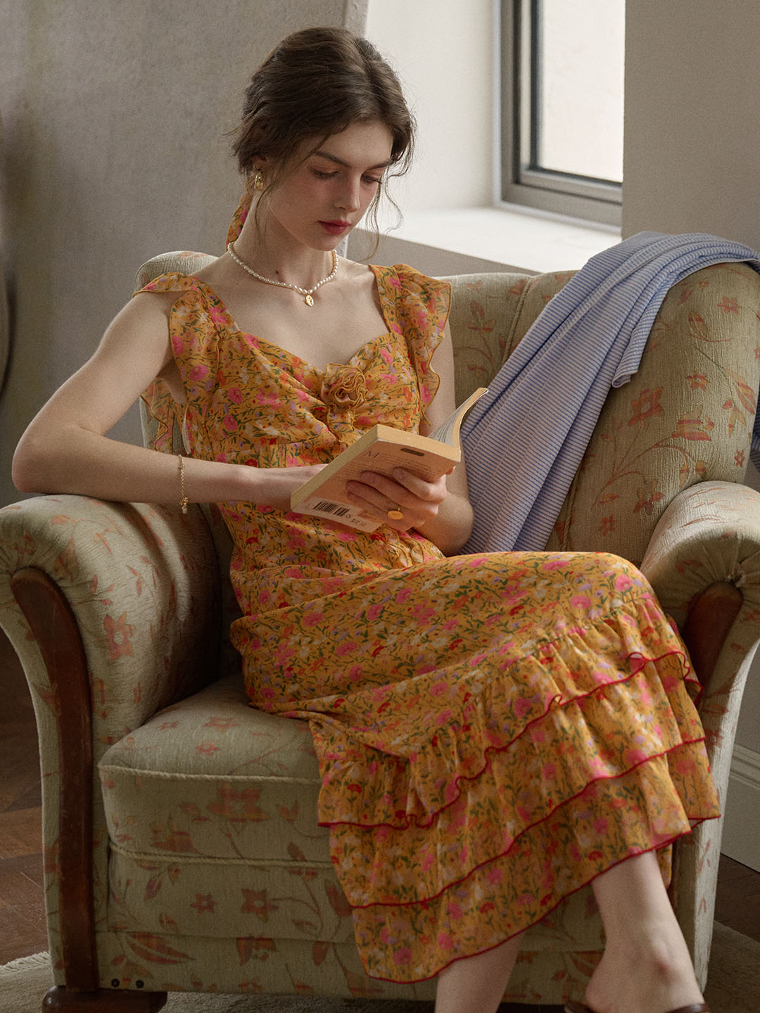 【Final Sale】Selena Floral Printed Square Collar 3d Flower Ruffled Hem Dress-Orange