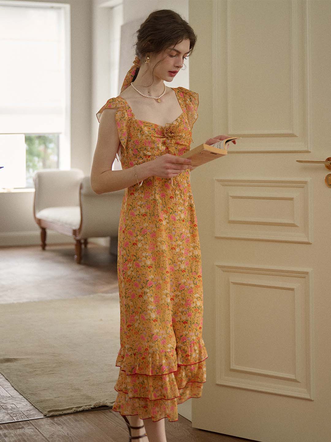 【Final Sale】Selena Floral Printed Square Collar 3d Flower Ruffled Hem Dress-Orange