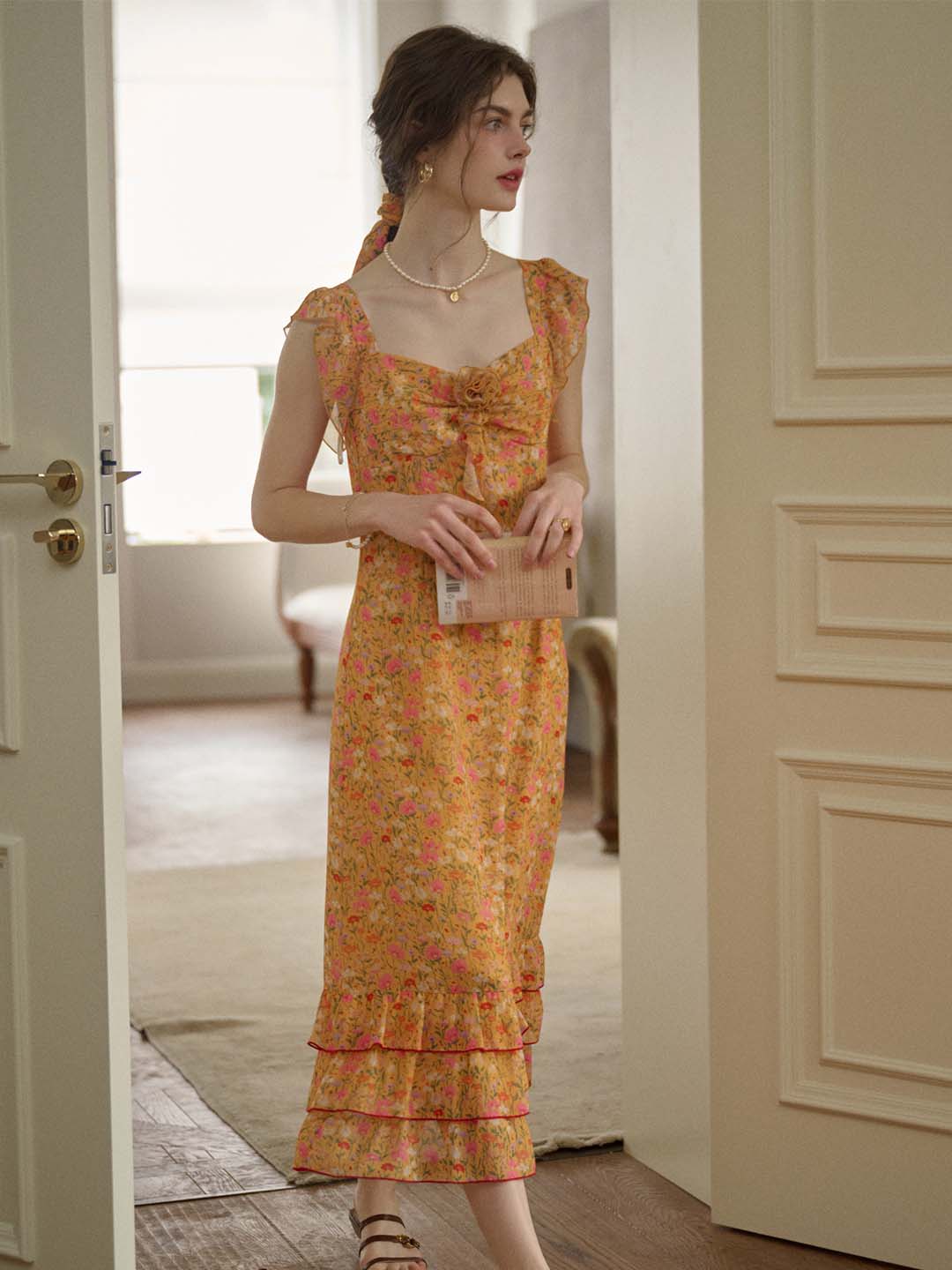 【Final Sale】Selena Floral Printed Square Collar 3d Flower Ruffled Hem Dress-Orange