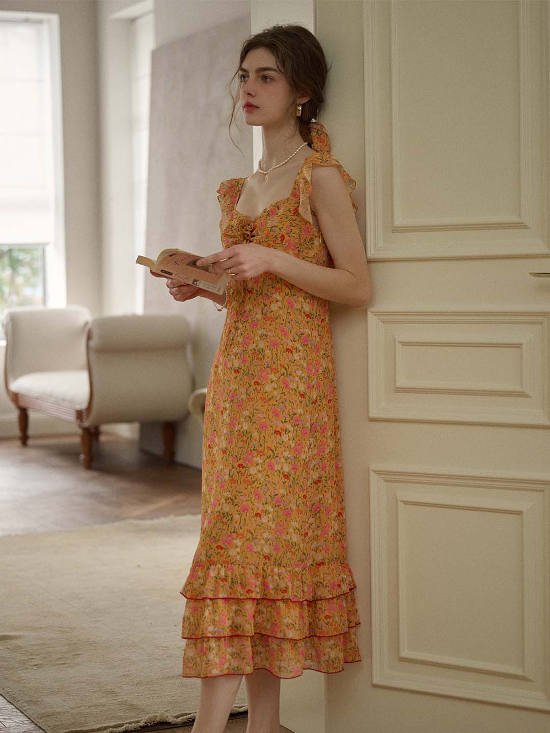 【Final Sale】Selena Floral Printed Square Collar 3d Flower Ruffled Hem Dress-Orange