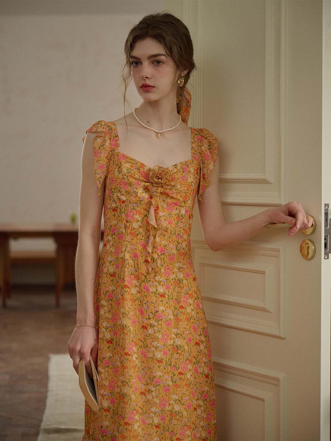 【Final Sale】Selena Floral Printed Square Collar 3d Flower Ruffled Hem Dress-Orange