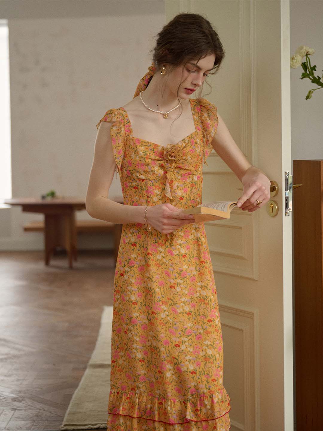 【Final Sale】Selena Floral Printed Square Collar 3d Flower Ruffled Hem Dress-Orange