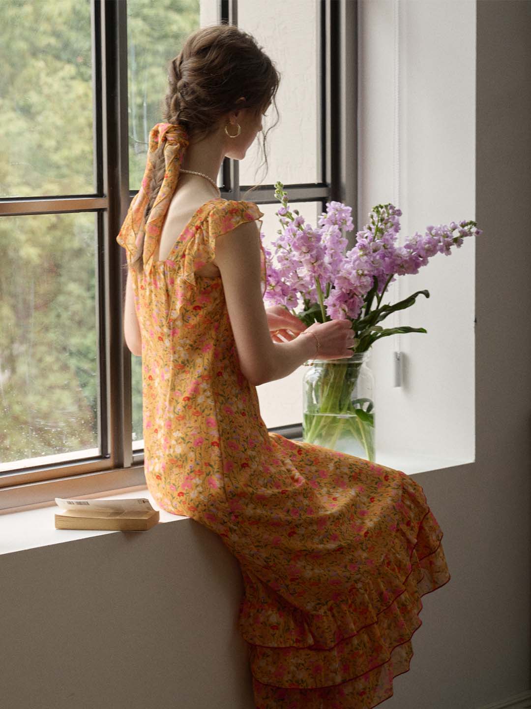 【Final Sale】Selena Floral Printed Square Collar 3d Flower Ruffled Hem Dress-Orange
