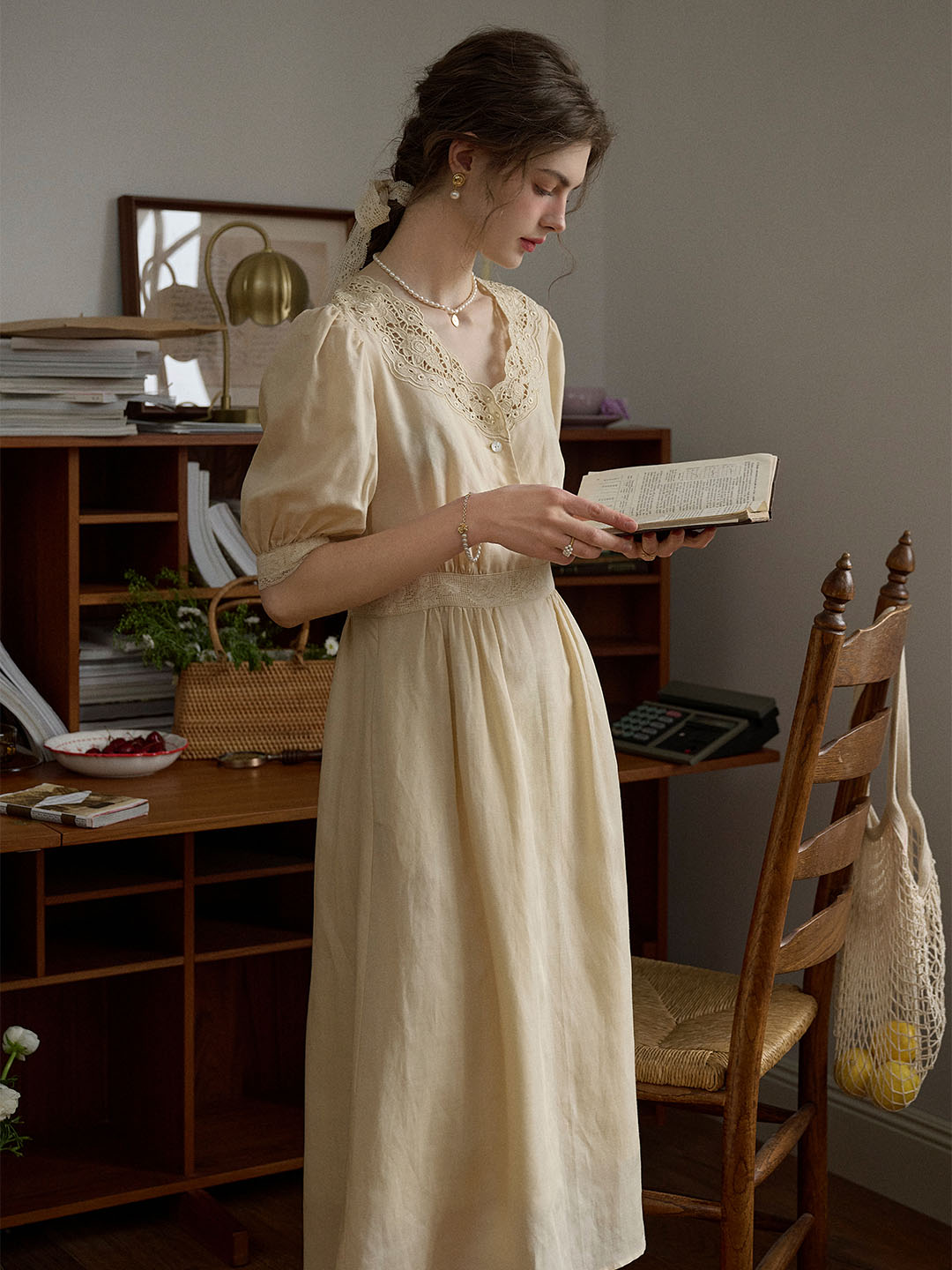 【Final Sale】Heidi Hollow Embroidered V-neck Lace Puff Sleeve Dress